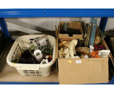 Two boxes of various sundries to include glass; china; rotary dial telephone; music stand; books etc