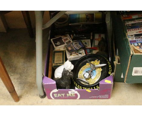 A box containing Black and White Scotch whisky advertising model; various playing cards; ornaments etc