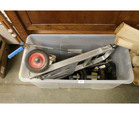 A folding trolley and box containing various hand tools etc