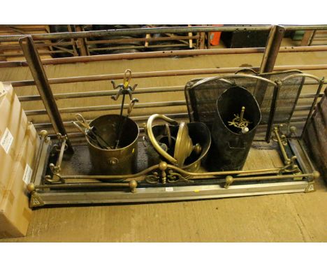 Two fire fenders; a folding fire screen; various coal buckets and scuttles; and various fireplace tools etc.