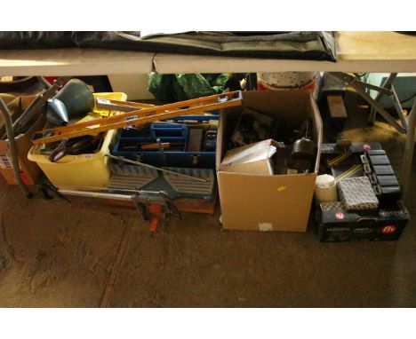 A large quantity of hand tools to include crow bar, saws, mitre saw, tool box etc.