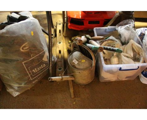 A galvanised 1.5gallon watering can (lacking rose) together with various small-handled tools to include garden shears, hand s