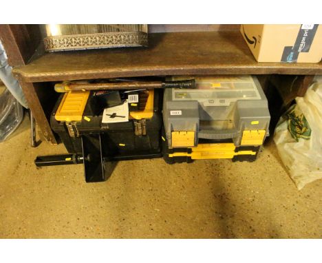 A quantity of various toolboxes with contents of fixings, hand tools, pipe bender etc.