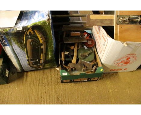 A tray box containing various tools to include trowels, hand axe, saws, measuring tape etc.; together with a box of various w