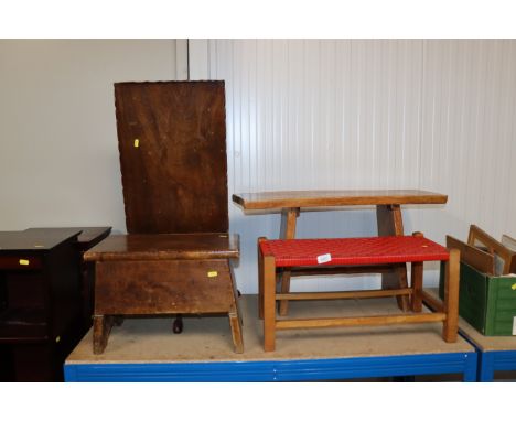 A woven seat stool, a small elm bench, a mahogany tripod table and a pine stool