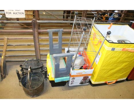 A plastic tool box and contents of various hand tools; a garden stool / kneeler; and a box of various garden nutrients / supp