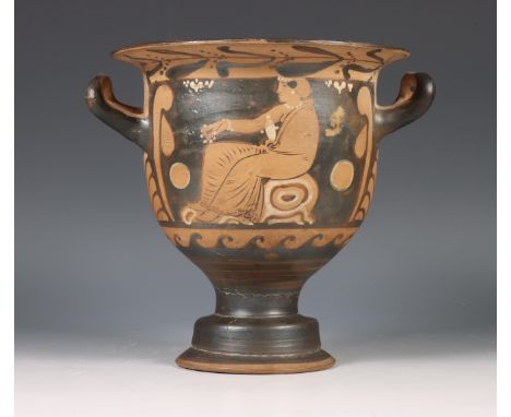 Apulia, small earthenware krater, ca. 300 BC. with red figure painting of a nobel women seated on a leopard. (small crack on 