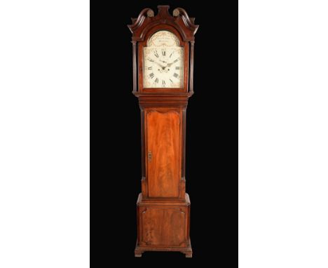 A George III mahogany longcase clock, 33cm arched painted dial inscribed Clitherow, Prescot, Roman and Arabic numerals, subsi