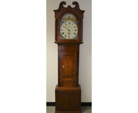 An early Victorian oak and mahogany longcase clock by R. Johnson of Campo Lane, Sheffield, the hand painted enamelled dial wi