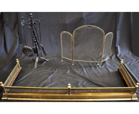 A firescreen and companion set and a brass fire surround (3)