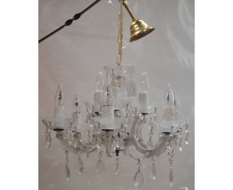 Lighting - a 20th century chandelier, three branch over five branch with faceted droplets