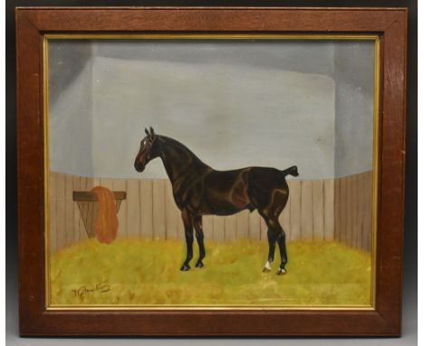 W. Armstrong (early-mid 20th century Equine portrait, Dewhurst, Hunter in Stablesigned, titled to verso, oil on canvas, 51cm 