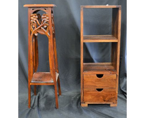 A modern hardwood shelf unit; a modern hardwood jardiniere