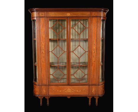 A Sheraton revival satinwood mahogany and marquetry display cabinet, dentil cornice above a deep frieze and a pair of astraga