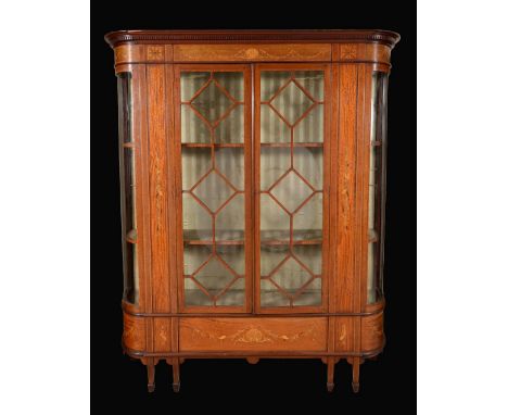 A Sheraton revival satinwood mahogany and marquetry display cabinet, dentil cornice above a deep frieze and a pair of astraga