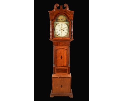 A George/William IV oak and mahogany longcase clock, 33cm painted dial inscribed Roberts, Derby, the arch painted with a view