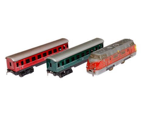 Fleischmann Zug, Spur H0, Guss/Blech, mit Diesellok und 2 Wagen, Z 4