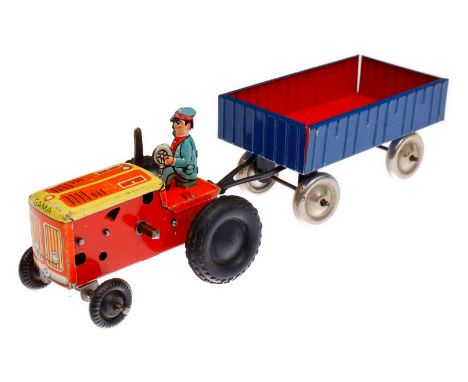 Gama Traktor mit Anhänger, Blech, CL, Uhrwerk intakt, mit Fahrerfigur, LS und Alterungsspuren, Gesamtlänge 15, Z 2-3