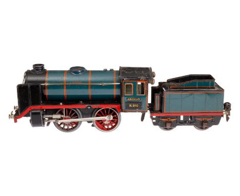 Märklin B-Dampflok R 910, Spur 0, Uhrwerk intakt, blau/schwarz, mit Tender und kW, LS und gealterter Lack, Z 3