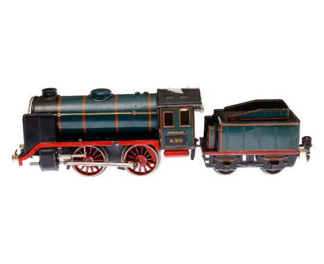 Märklin B-Dampflok R 910, Spur 0, Uhrwerk intakt, blau/schwarz, mit Tender und kW, tw nachlackiert, LS und gealterter Lack, Z