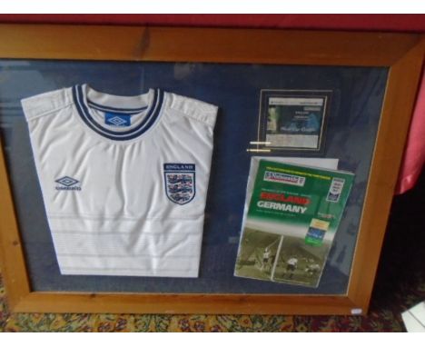 Framed England v Germany 2000 qualifier shirt, ticket and brochure display