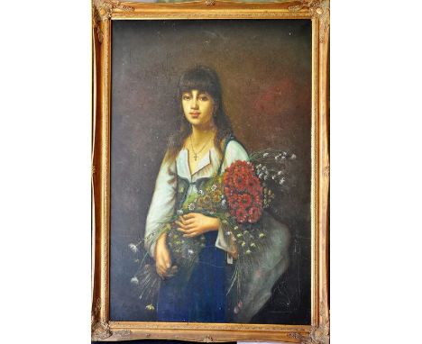 Oil on canvas portrait of a young lady holding a bouquet of flowers in a gilt frame signed bottom left "Noreli 88" modern. 