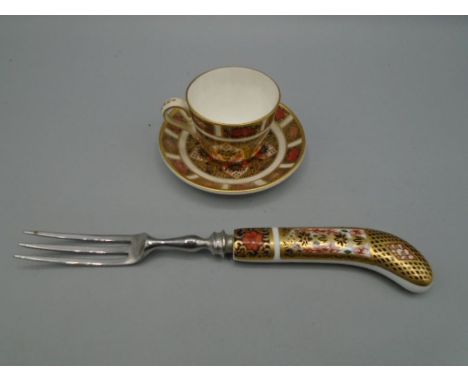 Royal crown Derby miniature cabinet cup and saucer and cake fork