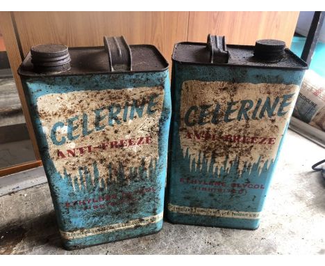 2 Vintage Celerine Antifreeze Cans ( one has rusted hole in side )