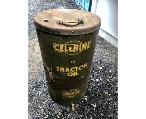 Vintage Large Celerine Tractor Oil Barrel with tap and built in dip stick  53 cm wide 100 cm tall