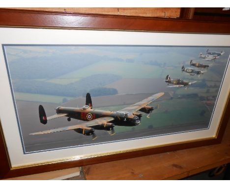 Framed Print of Lancaster and Spitfires flying over Marham airfield 30 x 62 cm