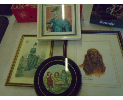 Circular glass print of victorian children, Empress of Austria print, print of a dog and oil painting of a boy