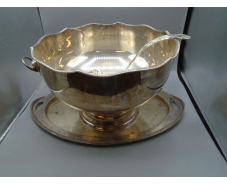 Large silver plated punch bowl (13" across 8" high) with ladle and plated tray