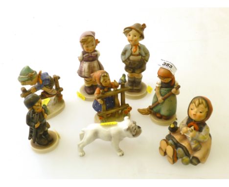 7 ASSORTED HUMMEL FIGIURES AND A GOEBEL DOG FIGURE