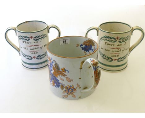 PAIR OF TWIN HANDLED '1840' CUPS (APPROX H: 6" D: 4.5") AND A LARGE SPODE CUP APPROX H: 5.5" D: 5.75"