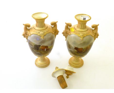 PAIR OF ROYAL WORCESTER URNS BY JOHN STINTON (DAMAGED-SEE PICTURES) APPROX H: 10"