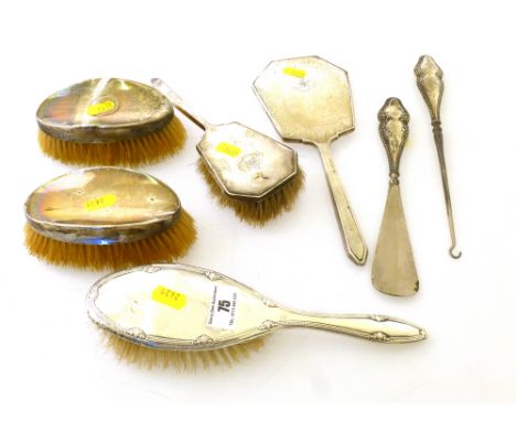 SILVER BRUSH AND MIRROR SET, 3 SILVER BRUSHES, SILVER SHOE HORN AND SILVER BUTTON HOOK