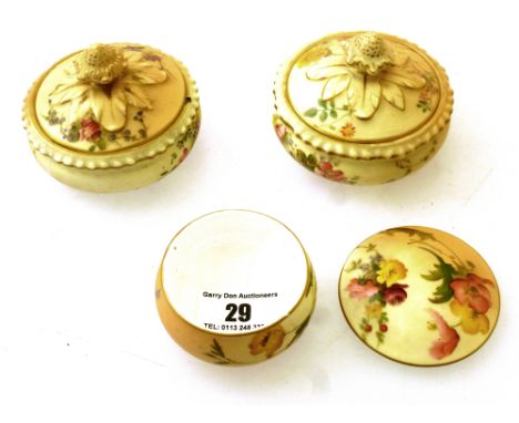 PAIR OF ROYAL WORCESTER LIDDED TRINKET POTS(H: 2.25" D: 3") AND A ROYAL WORCESTER LIDDED POT (H: 1.25" D: 2.25")
