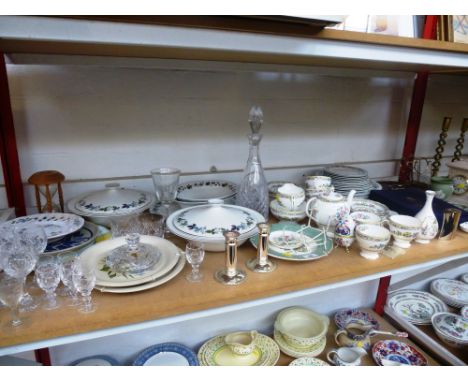 QUANTITY OF ASSORTED CHINA AND GLASSWARE INCLUDING WEDGWOOD, ROYAL WORCESTER, ALFRED MEAKIN, CLOCK,CANDLE HOLDERS, DECANTER, 