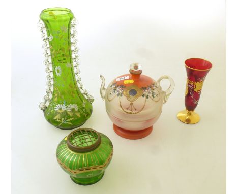 3 PAINTED GLASS VASES AND A PAINTED GLASS TEAPOT