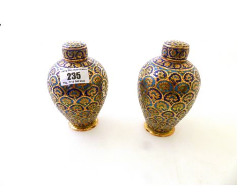 PAIR OF PAINTED BRASS AND ENAMEL GINGER JARS APPROX H: 5"