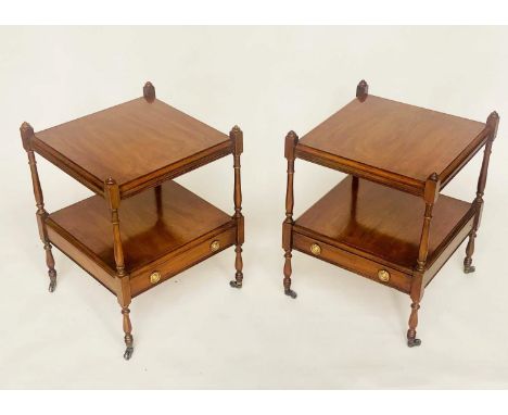LAMP TABLES, a pair, George III design figured mahogany each with two tiers and drawer, 60cm x 60cm x 46cm H. (2) 