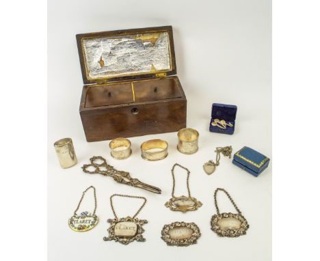 QUANTITY OF SILVER, including decanter labels. grape shears, napkin holders a match striker and pendant necklace along with a