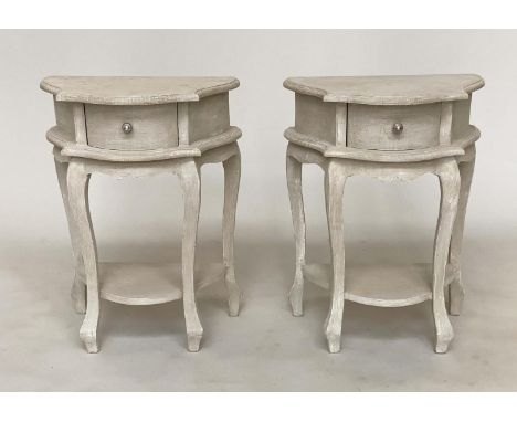 BEDSIDE/LAMP TABLES, a pair, Italian style grey painted each with frieze drawer and curved supports, 33cm x 35cm x 71cm H. (2