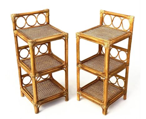 LAMP TABLES, 80cm H x 34cm W x 34cm D, a pair, rattan bamboo framed and cane bound with three panelled shelves and upstand. (