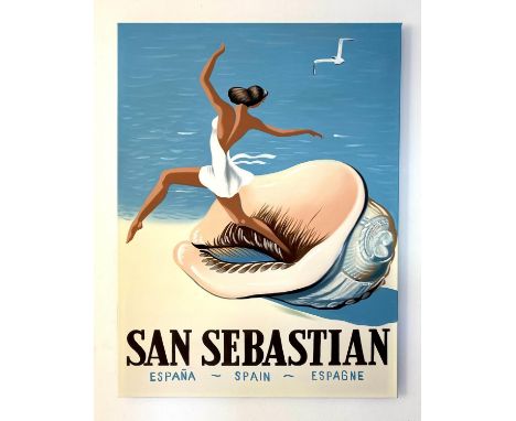 REPRODUCTION VINTAGE TRAVEL ADVERTISEMENT, San Sebastian, acrylic on canvas, unframed, 120cm x 90cm. 
