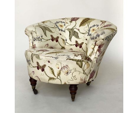 TUB ARMCHAIR, Victorian botanical print upholstered with arched back and turned supports, 85cm W. 