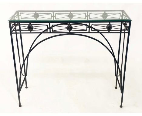 CONSOLE TABLE, Spanish wrought iron with bevelled glass and arched support, 91cm x 31cm D x 80cm H. 