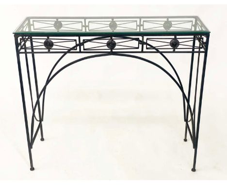 CONSOLE TABLE, Spanish wrought iron with bevelled glass and arched support, 91cm x 31cm D x 80cm H. 