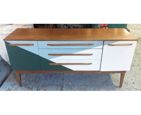 SIDEBOARD, 151cm x 43.5cm x 74cm, vintage 1960s teak, later painted detail to front. 
