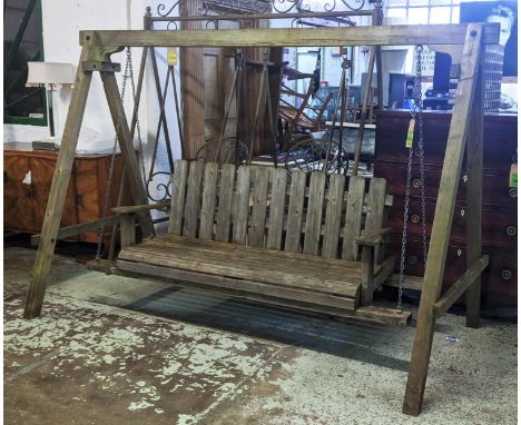 ARCHITECTURAL GARDEN SWING BENCH, 250cm W, weathered. 
